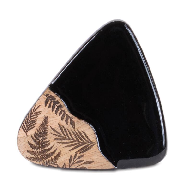 Premium Natural Mango Wood Floral Etched Coaster Set 4 Two-Tone Black & Brown Rounded Triangle Coasters