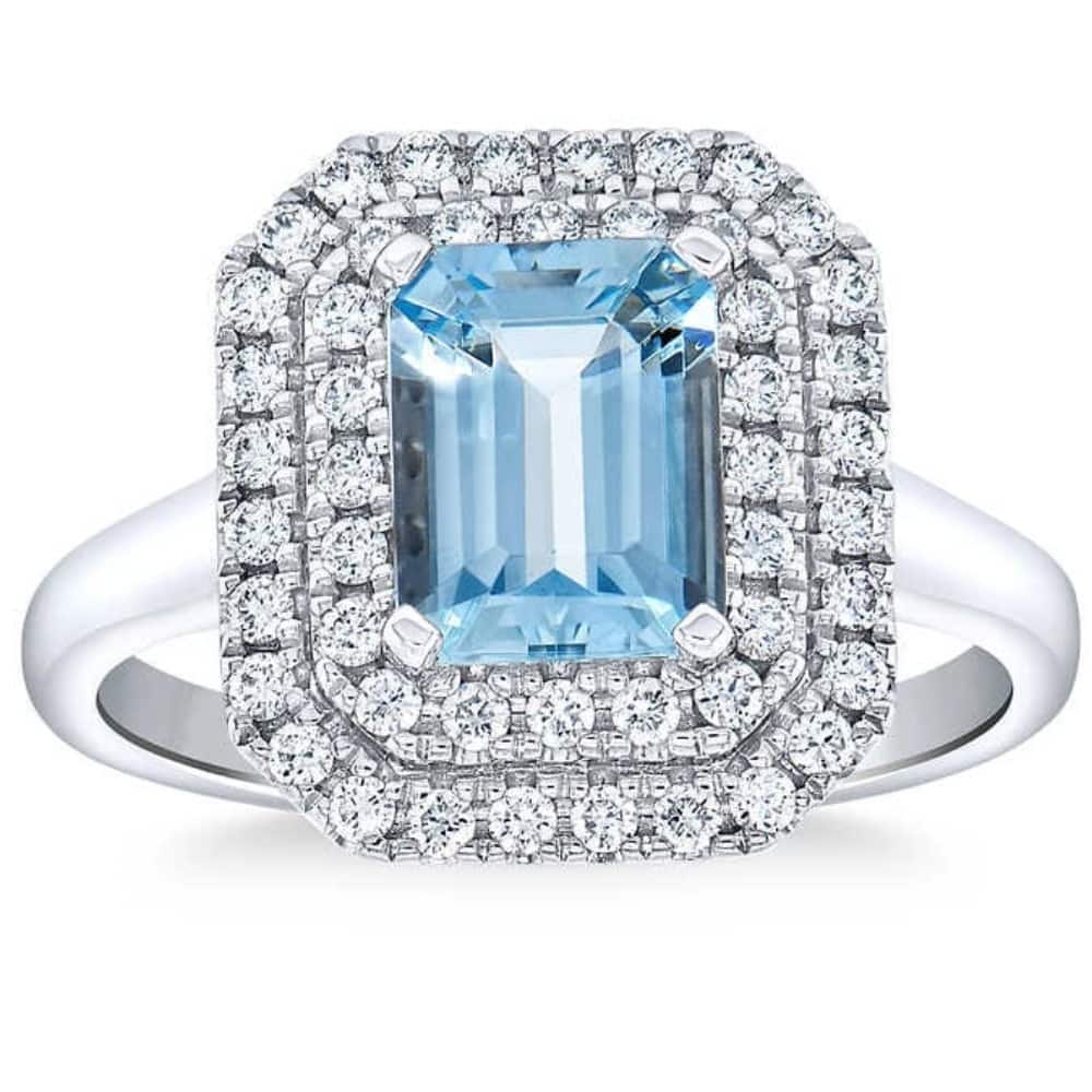 8x6mm Aquamarine & Diamond Halo Ring White Gold
