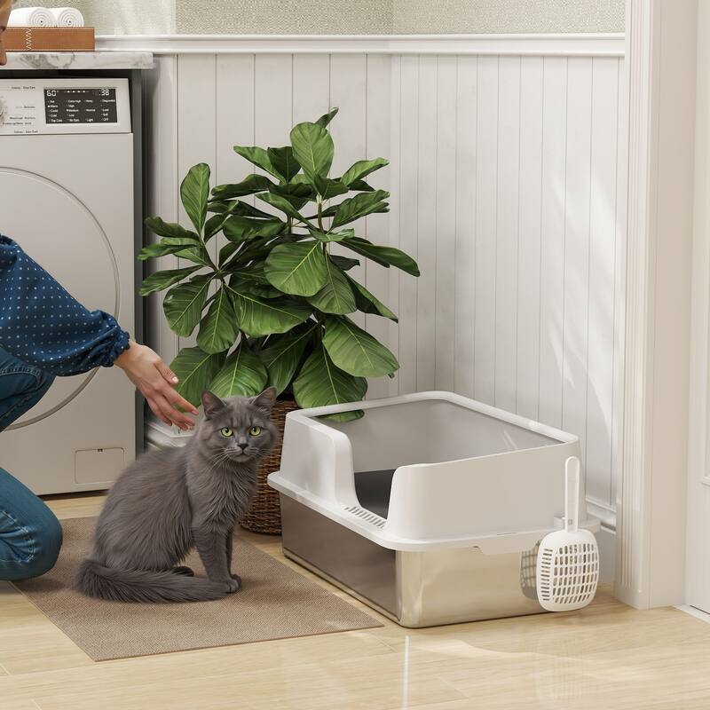 PawHut Stainless Steel Litter Box, XL Enclosed Cat Litter Box with High Side, Scoop, Easy Cleaning & Anti-Urine Leakage