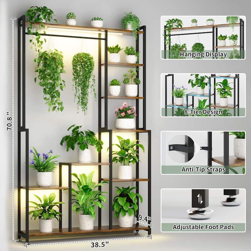 71" Tall 8-Tier Metal Plant Stand with Grow Lights - Indoor/Outdoor Flower Display Shelf.