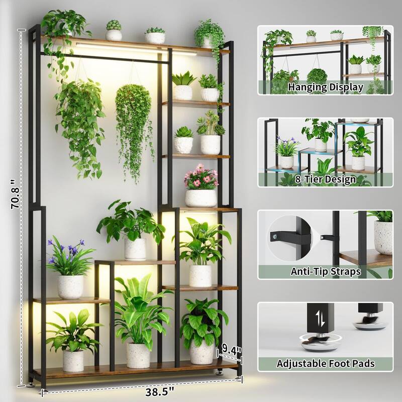 Large Plant Stand with Grow Light, 71 Inches Tall Plant Shelf, 8 Tiered Metal Plant Stand, Square Flower Stand Display Rack