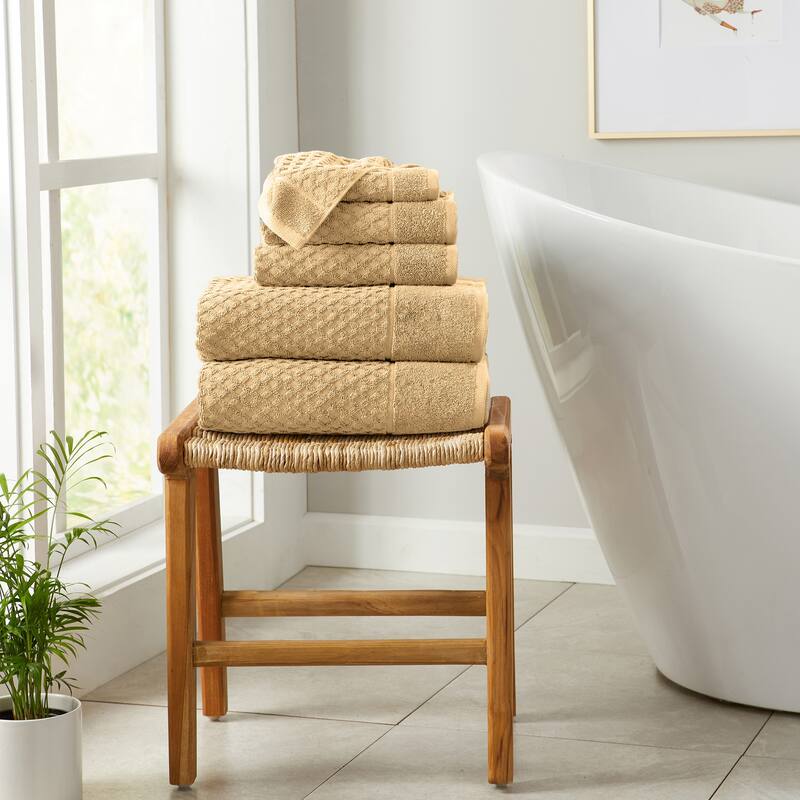 Linery & Co. Cotton Diamond Waffle Texture Bath Towels - 6 Piece Set - Sand