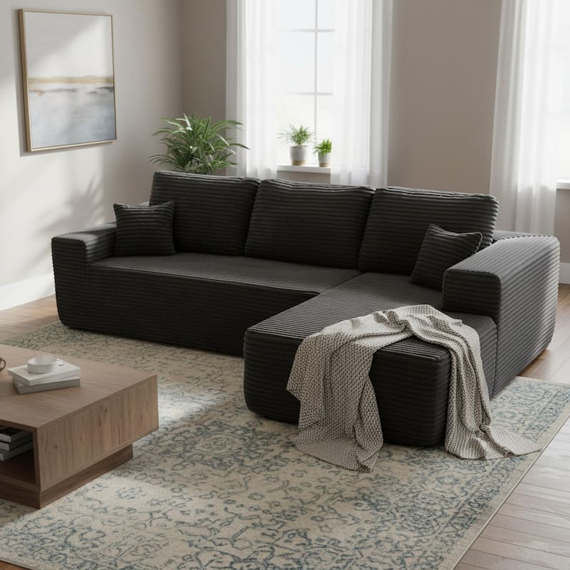 Homy Casa 105" Cloud Sectional Sofa with Chaise, Deep-Seat Modular Couch, No Assembly, Plush Corduroy - BK - RightP
