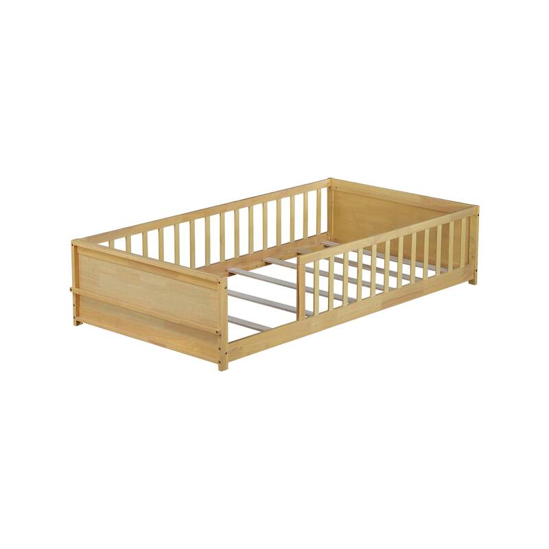 Twin Size Floor Platform Bed with Built-in Book Rack