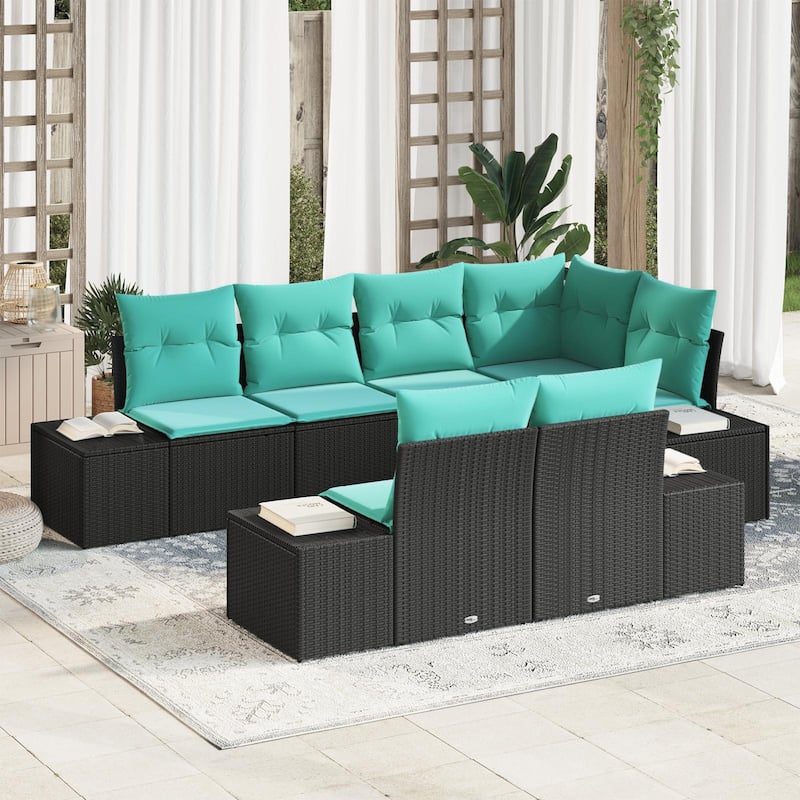 vidaXL 7 Garden Sofa Set with Cushions Black Poly Rattan - 103.9 x 60.6 x 27.2