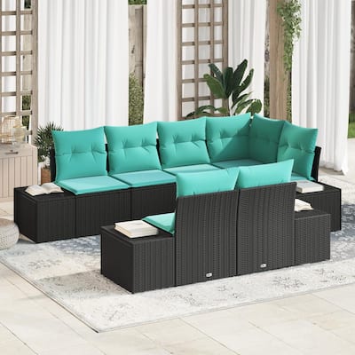 vidaXL 7 Garden Sofa Set with Cushions Black Poly Rattan - 103.9 x 60.6 x 27.2