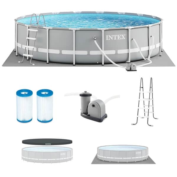 slide 2 of 8, Intex 18ft x 48in Prism Round Frame Above Ground Swimming Pool Set with Pump - 18 x 18 x 4 feet