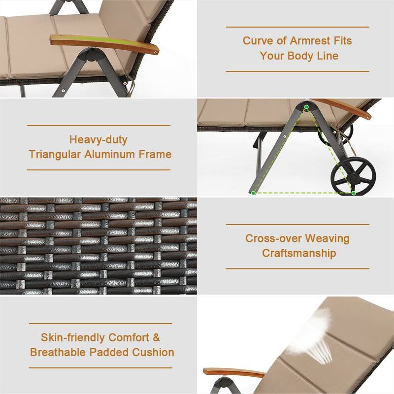 Gymax 2 PCS Folding Patio Rattan Lounge Chair Chaise Cushioned