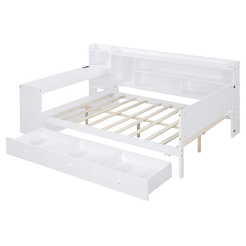 Full Size Daybed with 3 Storage Drawers & Shelves Headboard, Wooden Sofa Bed Frame with USB Ports and Desk, No Box Spring Needed