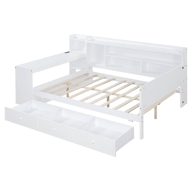 Full Size Modern Wooden Daybed with 3 Drawers, USB Ports & Desk
