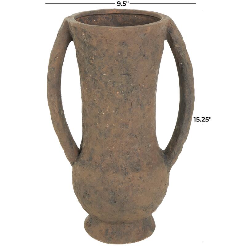 Dark Brown Ceramic Handmade Textured Amphora Decorative Vase with Two Long Handles