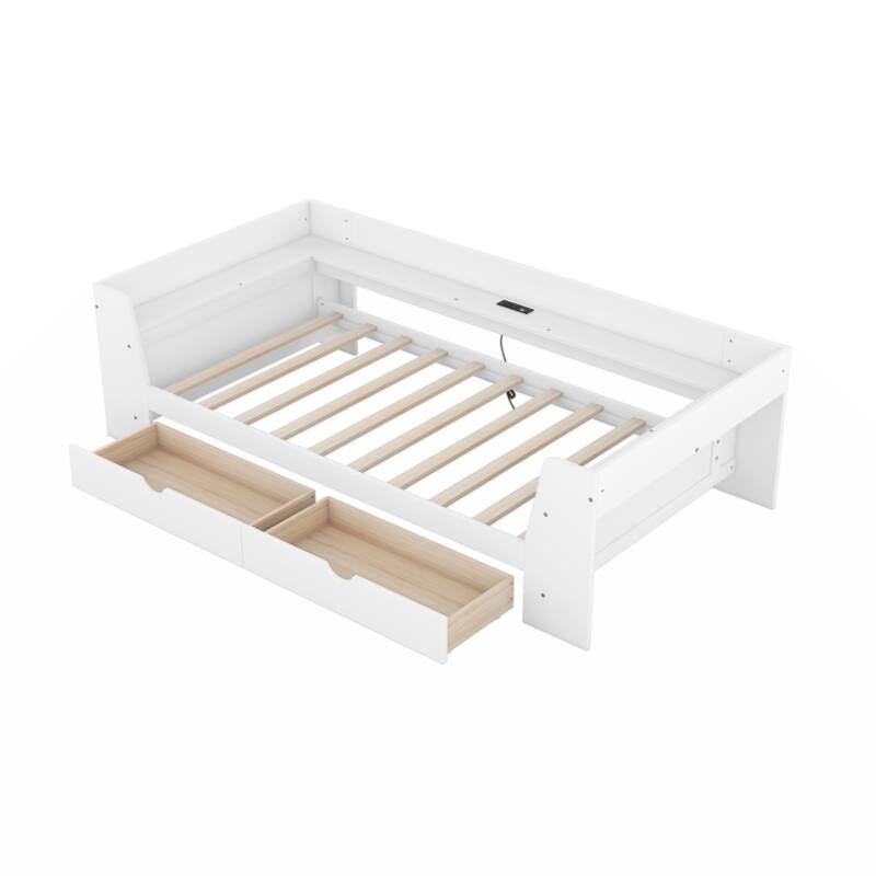 Twin Size Daybed with Shelves, Drawers and Built-In Charging Station