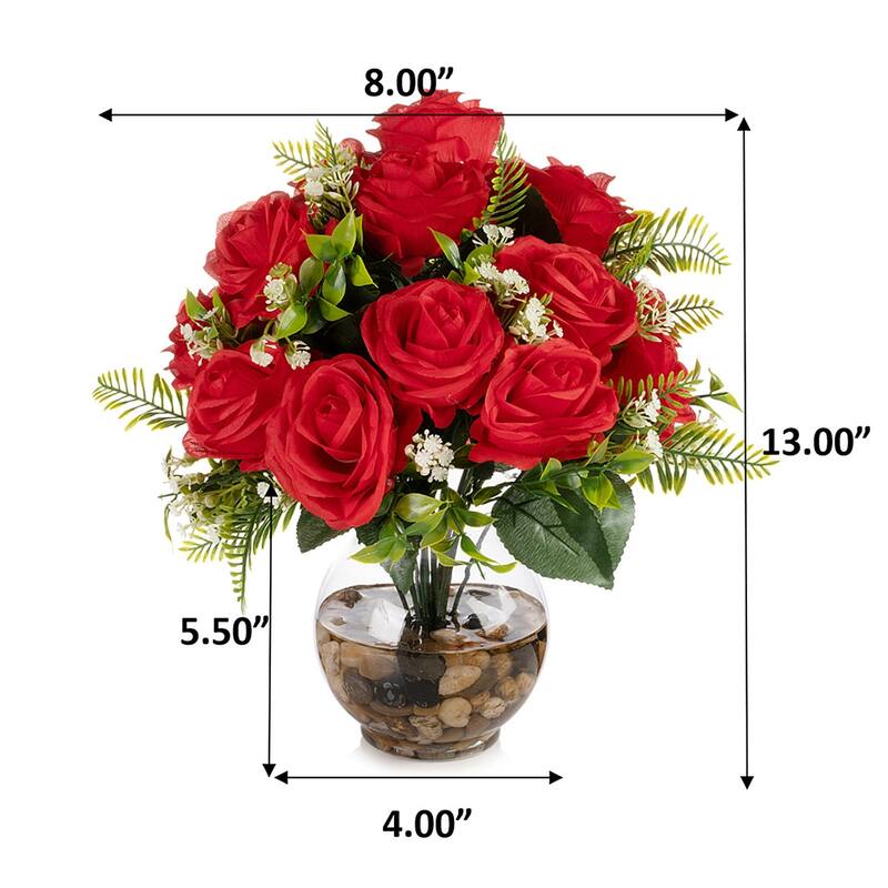 18 Heads Silk Rose Flower in Clear Glass Vase With Faux Water and River Stone for Home Decor, Wedding Table