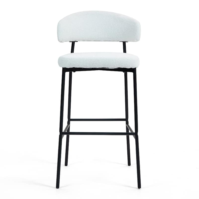 Set of 2 Bennett White Boucle Upholstered Fabric Bar Stool with Black Iron Legs