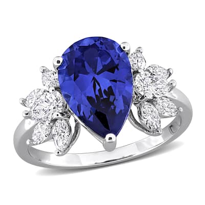 Miadora 4ct TGW Created Blue Sapphire 4/5ct TW Lab-Grown Diamond Ring 18k White Gold