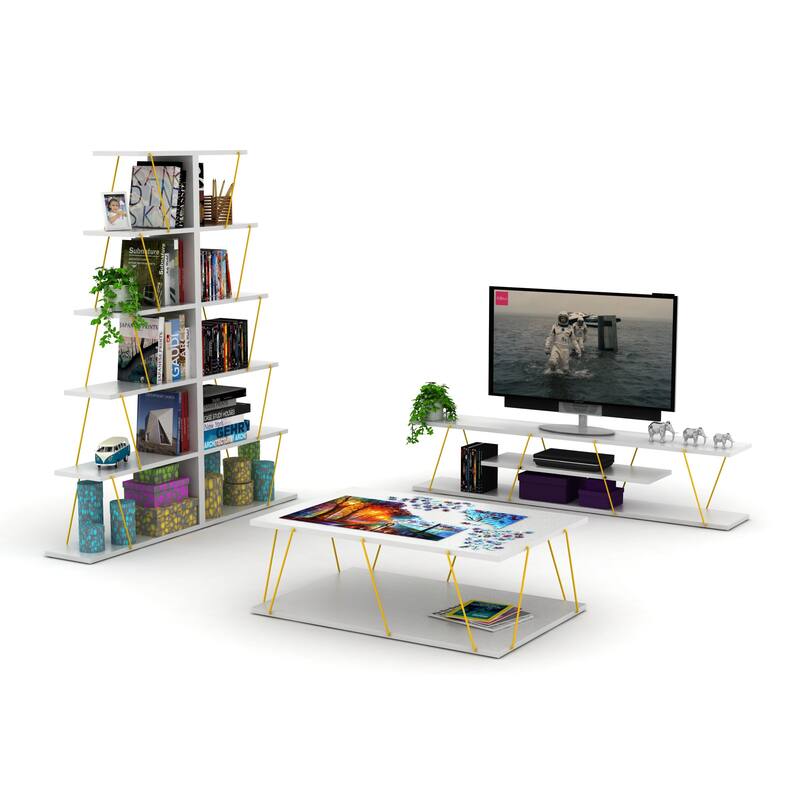 FurnisHome Store Tars Mid Century Modern Tv Stand 4 Shelves Open Storage Metal Cords