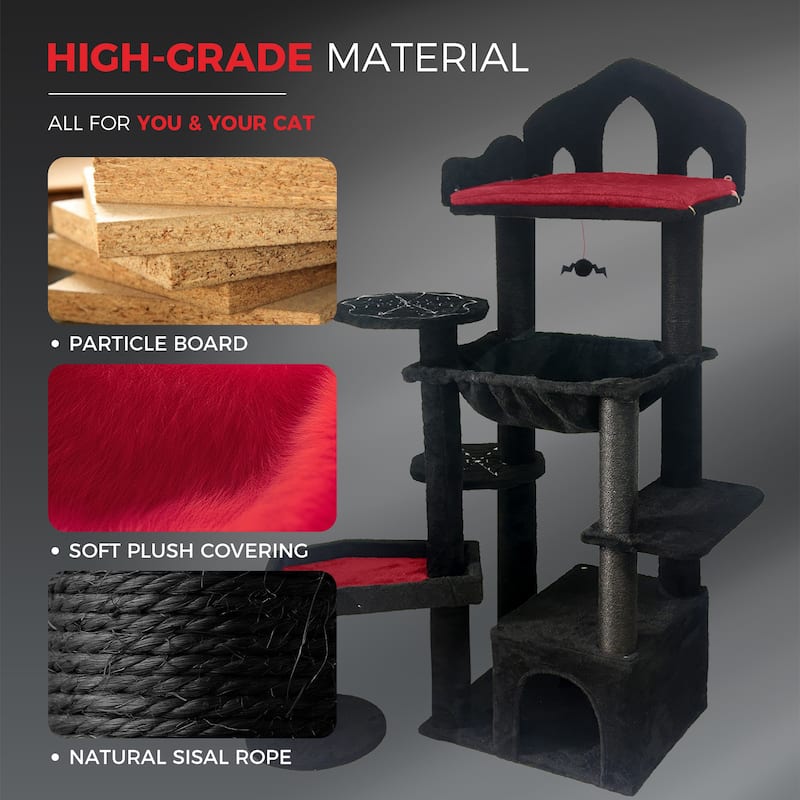 Black Gothic Cat Tree, Multi-Level Spooky Cat Tree with Scratching Posts, Perches