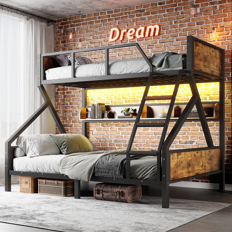 Twin XL over Queen Bunk Bed, Metal Bunk Bed with Storage Shelves and Lights, Space-saving & Noise-free Design, Woodgrain - Black Woodgrain