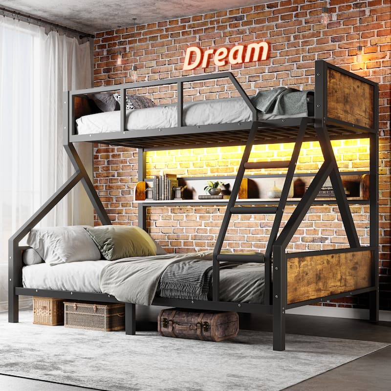 Twin XL over Queen Bunk Bed with Storage Shelves, Lights and Noise-Free Design