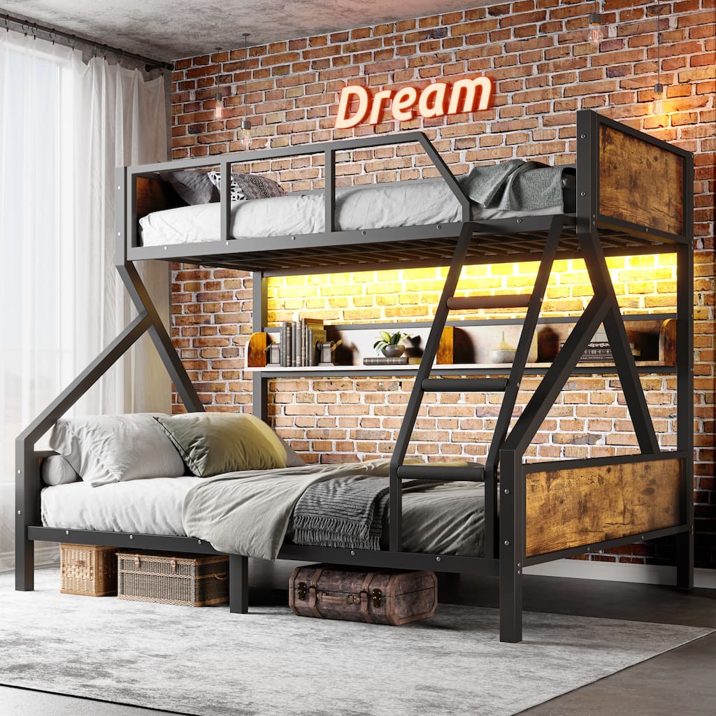 Woodgrain Accents Black Metal Bunk Bed Frame with Built-in Storage Shelves and LED Light Strip for Guest Rooms, Dorms