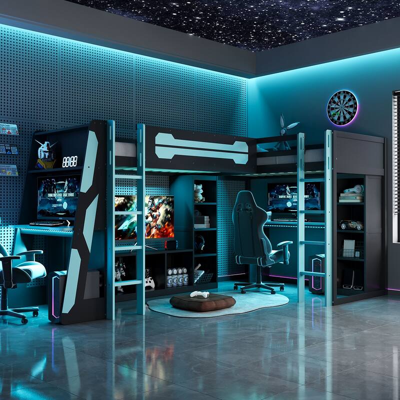 L Shaped Twin Gaming Bed with RGB LED Lights and Storage Shelves - Blue