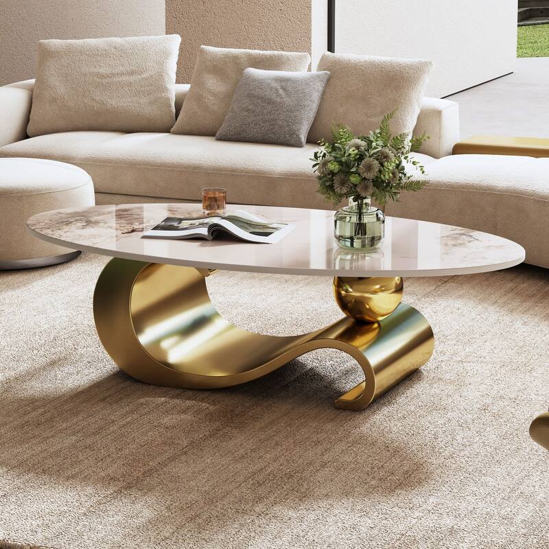 GDFStudio - Contemporary 49.2" Oval Sintered Stone Coffee Table with S-Shaped Stainless Steel Base & Novel-Pattern Top