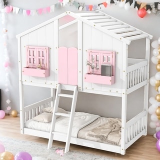 Twin over Twin Bunk Bed With Roof With Safety Guardrails And Ladder ...