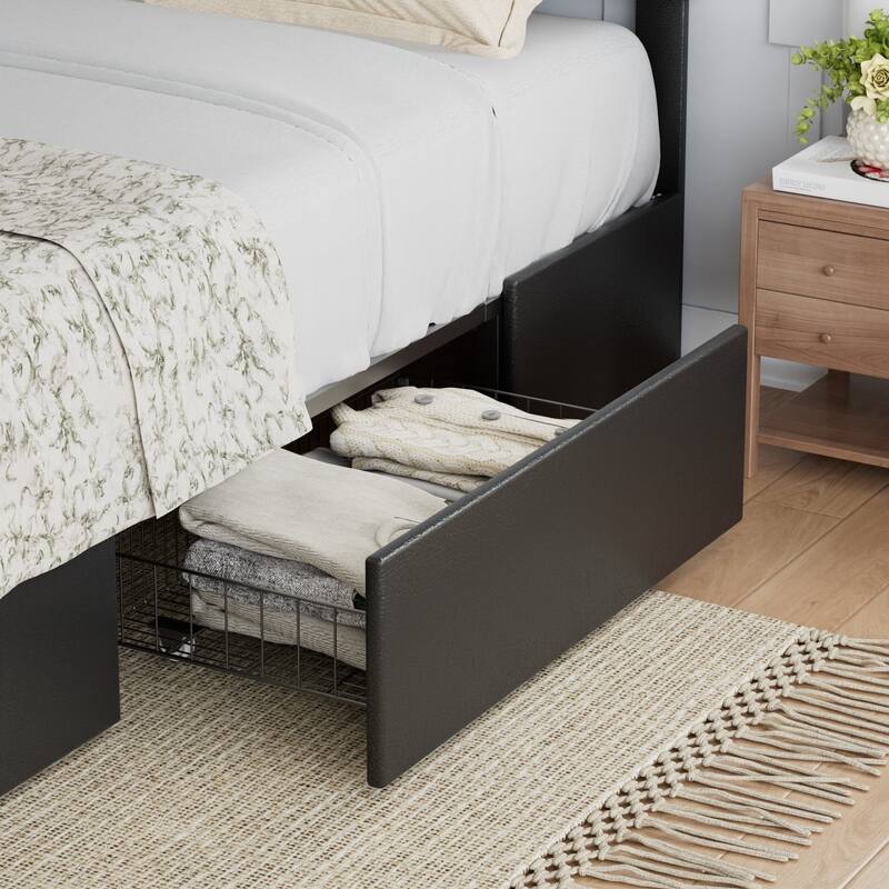VECELO Bed Frame with Storage Drawers, Leather Upholstered with Diamond Tufted Headboard, Solid Wood Slat Support