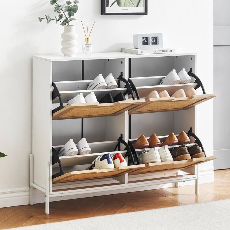 Natural Rattan 4 Flip Door Shoe Cabinet Organizer Freestanding - White