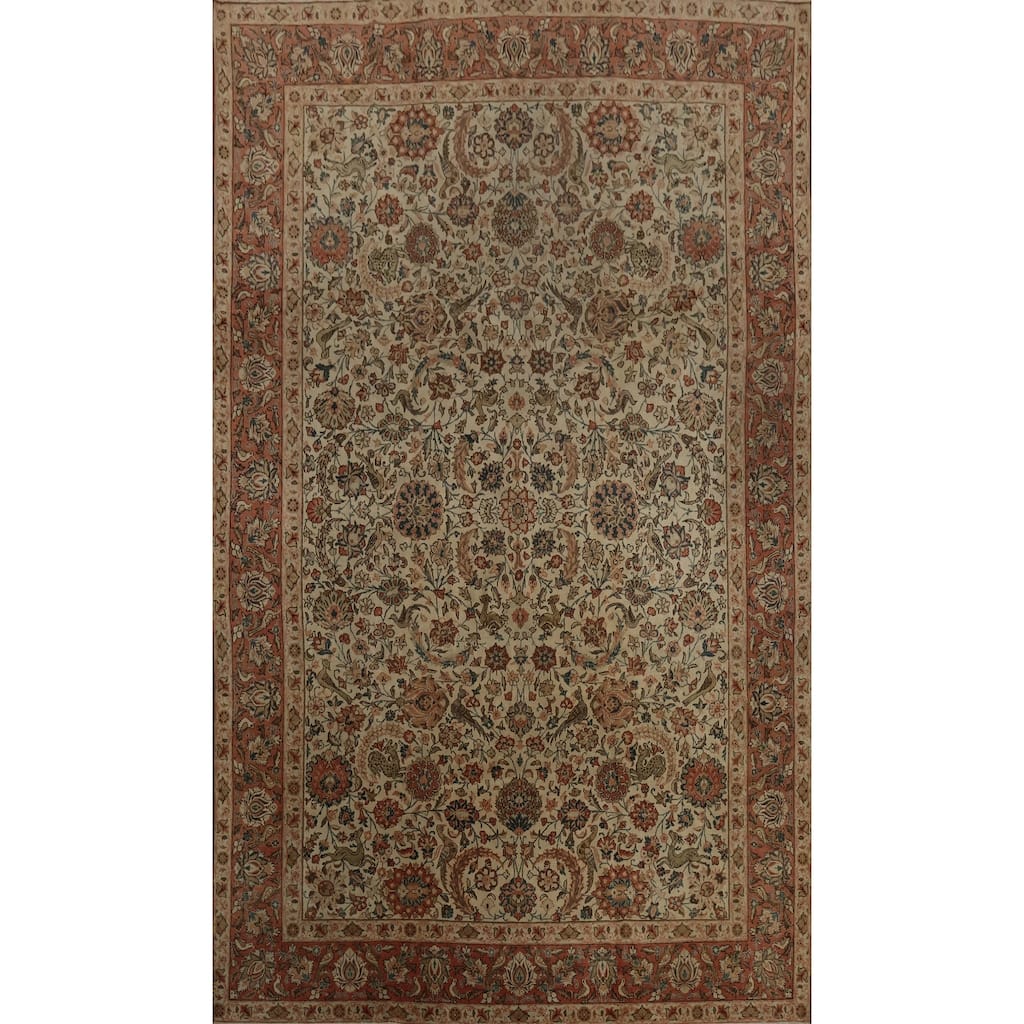 Hand Knotted Oriental 100% Wool Carpet Traditional Floral Beige & Ivories Qum Area Rug - 10' 11'' X 7' 2''