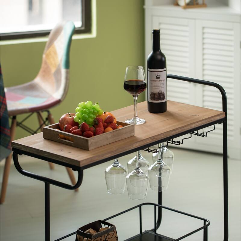 Metal Wine Bar Serving Cart with Rolling Wheels, Wine Rack, and Glass Holder
