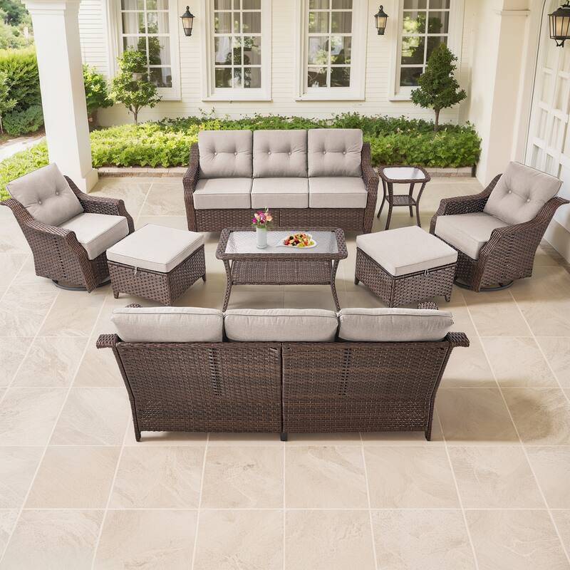 Gymojoy 9-Piece Wicker Patio Furniture Set, 6-inch Thick Cushioned & UV-Resistant, Outdoor Sofa & Chiar Set for Garden - Brown Wicker / Beige Cusion - 7-Piece