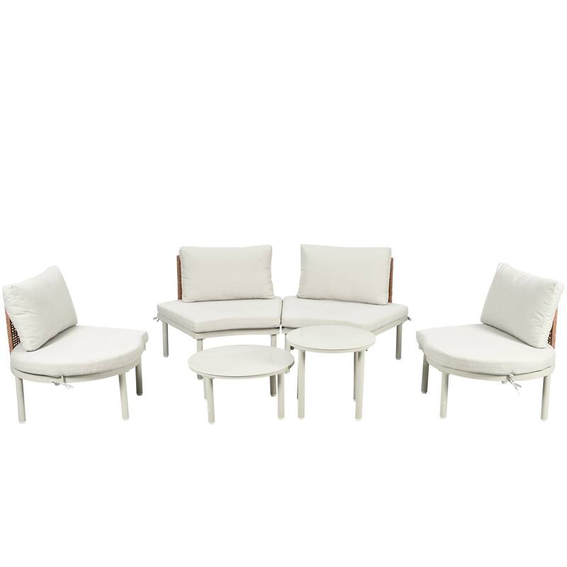 6-Piece Patio Half Moon Sofa Set with 2 High-Low Coffee Tables, 4 Pillows & Cushions