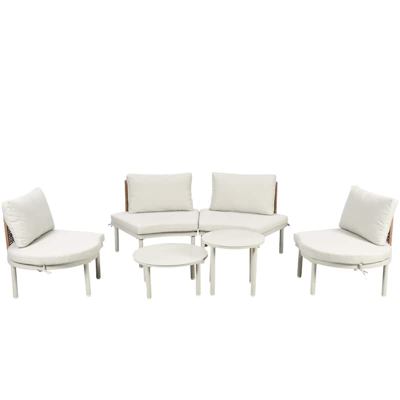 Roomfitters 6/8-Piece Half Moon Patio Sofa Set with 2 Coffee Tables, PE Wicker Rattan, Glass Top, Cushions & Pillows