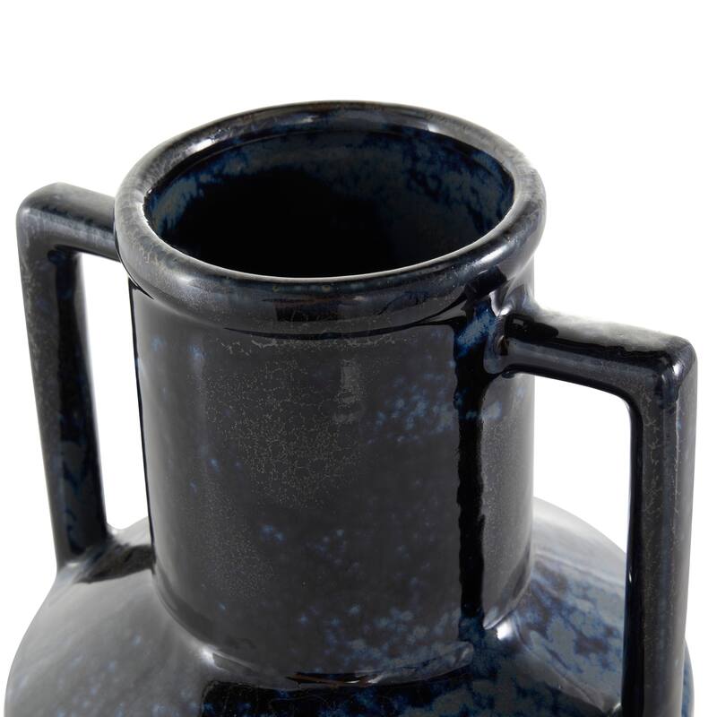 Dark Blue Ceramic Ombre Textured Decorative Vase with Rectangular Handles