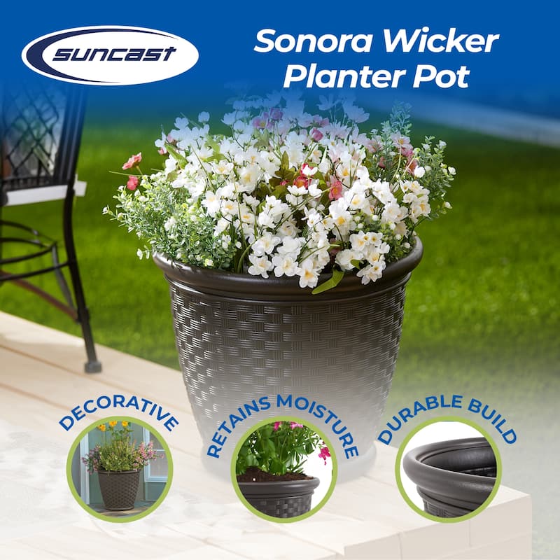 Suncast Sonora 18 Inch Resin Wicker Decorative Yard Garden Flower Planter, Brown - 3.15