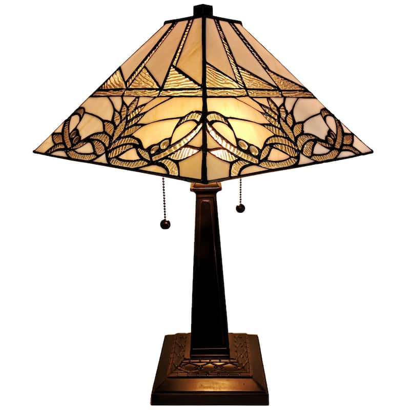 Tiffany Style Table Lamp Mission 22" Tall Stained Glass Tan Floral Flower Decor Bedroom Handmade Gift Amora Lighting