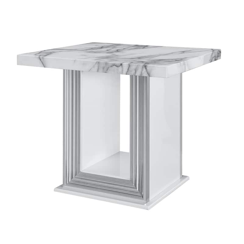 HomeRoots 24" White and Silver Faux Marble and Wood Pedestal End Table - 26' X '24.4' X '26