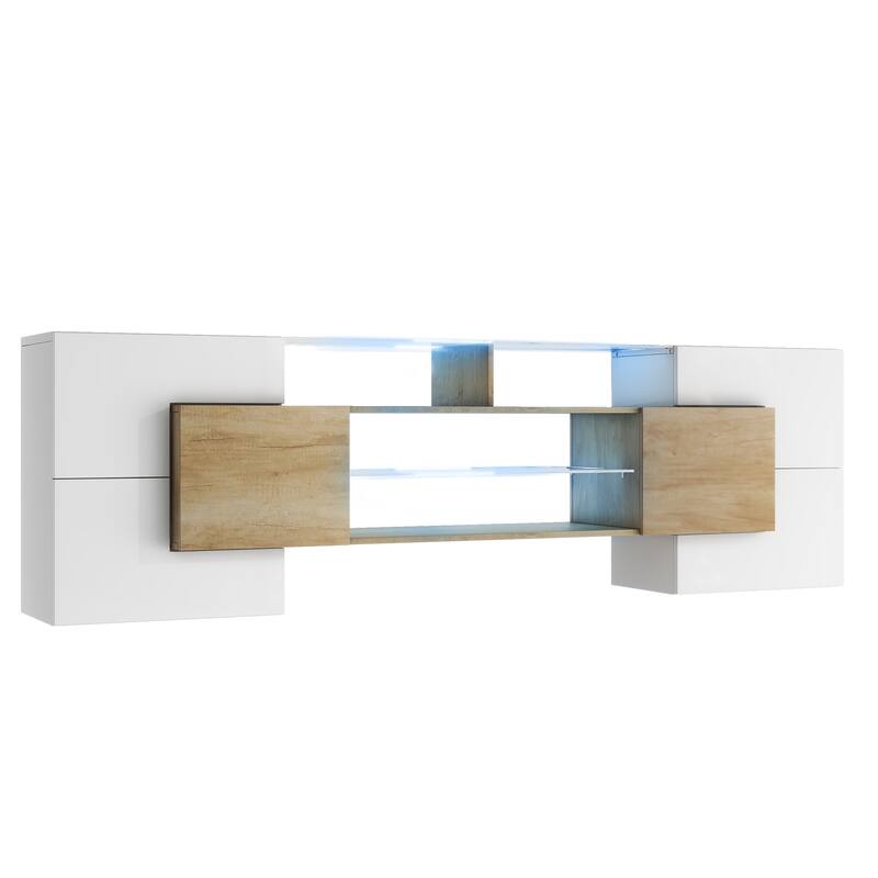 ON-TREND Unique Shape TV Stand with 2 Illuminated Glass Shelves, High Gloss Entertainment Center for TVs Up to 88", Versatile TV