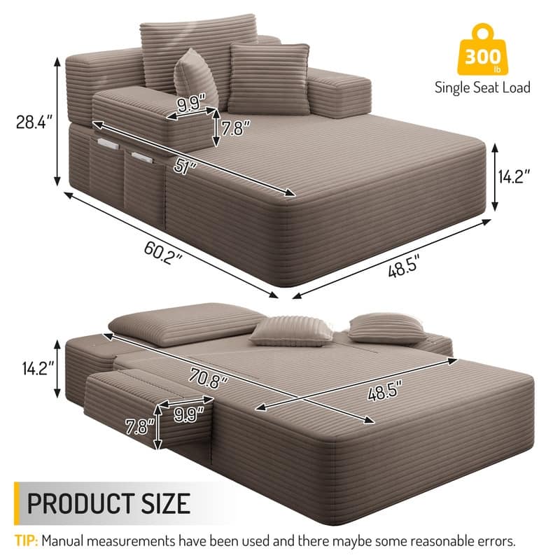 Luxurious Plush Corduroy Chaise Lounge Convertible Sofa Bed with Storage Pocket and Wide Armrests