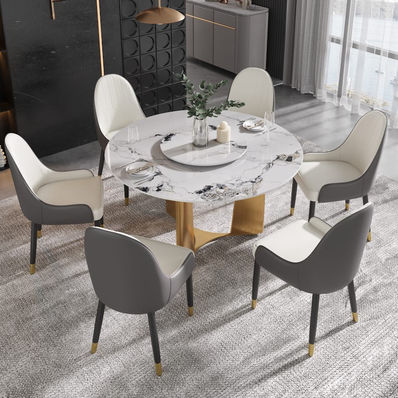 53" Modern Round Dining Table with Marble Top for 4-6, Sintered Stone Kitchen Table with Dining Table with Metal Legs - 1.35F+60F+Gold
