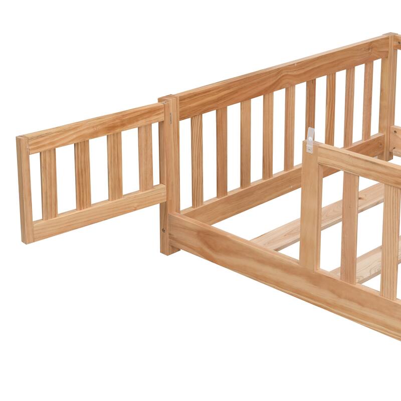 Solid Wood Platform Floor Bed with Safety Guardrails and Door for Children, Natural Pine Wood