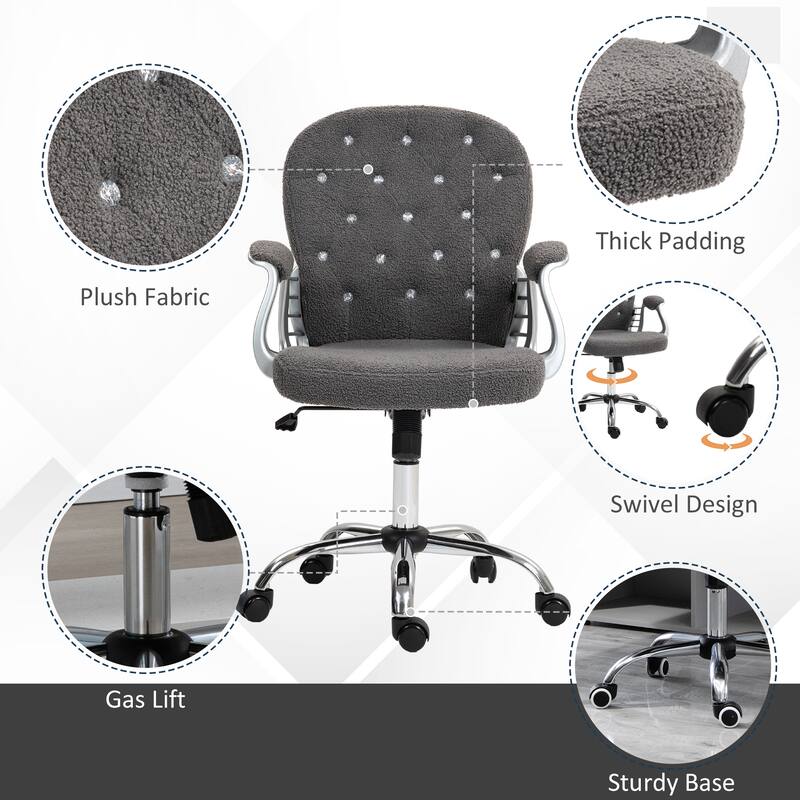 Teddy Fleece Home Office Chair, Button Tufted Desk Chair with Padded Armrests, Adjustable Height and Swivel Wheels, Dark Gray