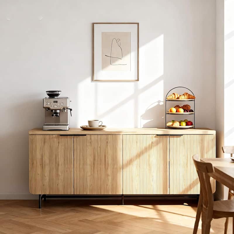 WESOME 68" Mid-century TV Stand Entertainment Center with Adjustable Shelves 4 Doors & LED Light