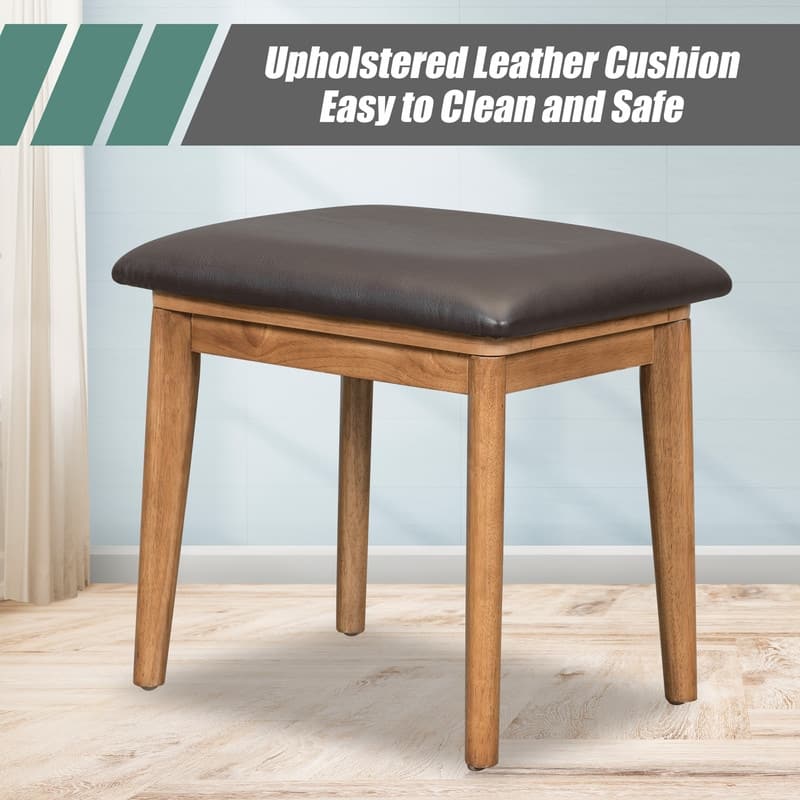 43.3" Classic Wood Makeup Vanity Set with Hidden Mirror, 3 Drawers & Upholstered Stool