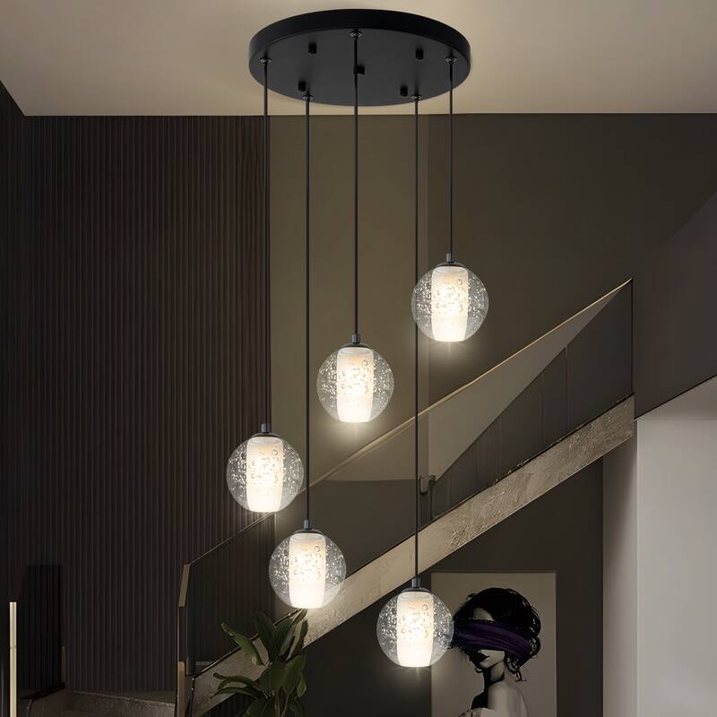 Starsky Modern 5-Light Cluster Globe Glass Chandelier Stair Entryway Cluster Light for High Ceiling - Black