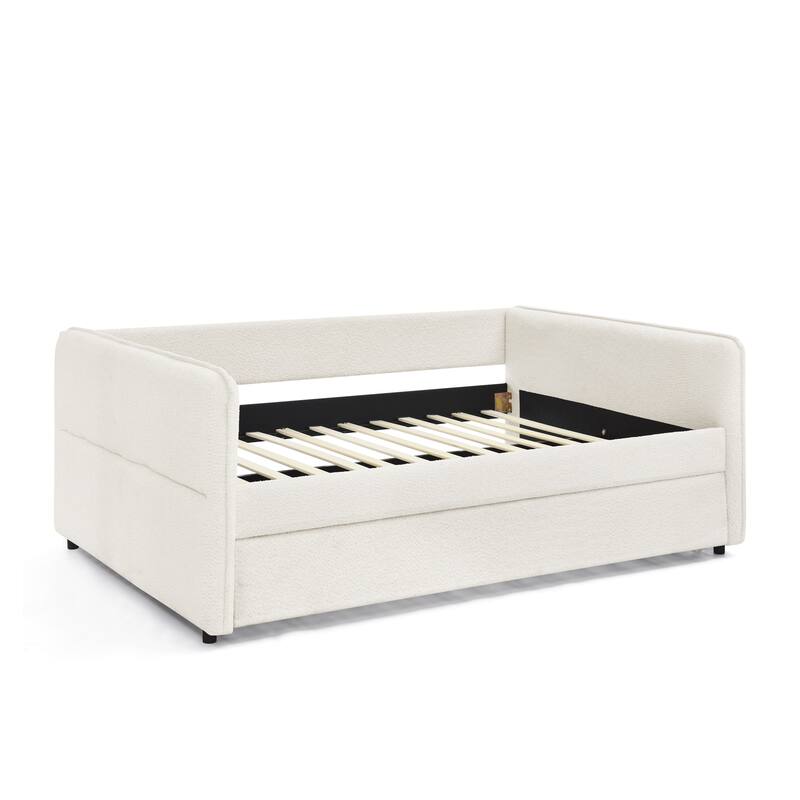 Roomfitters Twin/Full Boucle Daybed with Trundle, Upholstered Sofa Bed Frame with Vertical Stripes, Beige