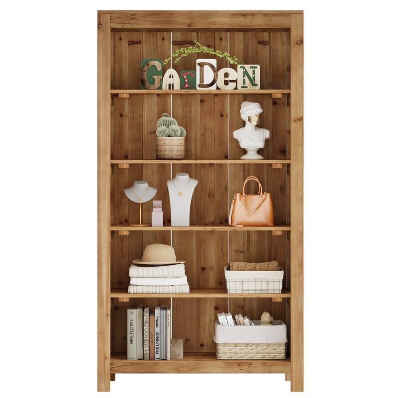 5-Tier Tall Solid Wood Bookcase, Heavy Duty Floor Large Bookshelf