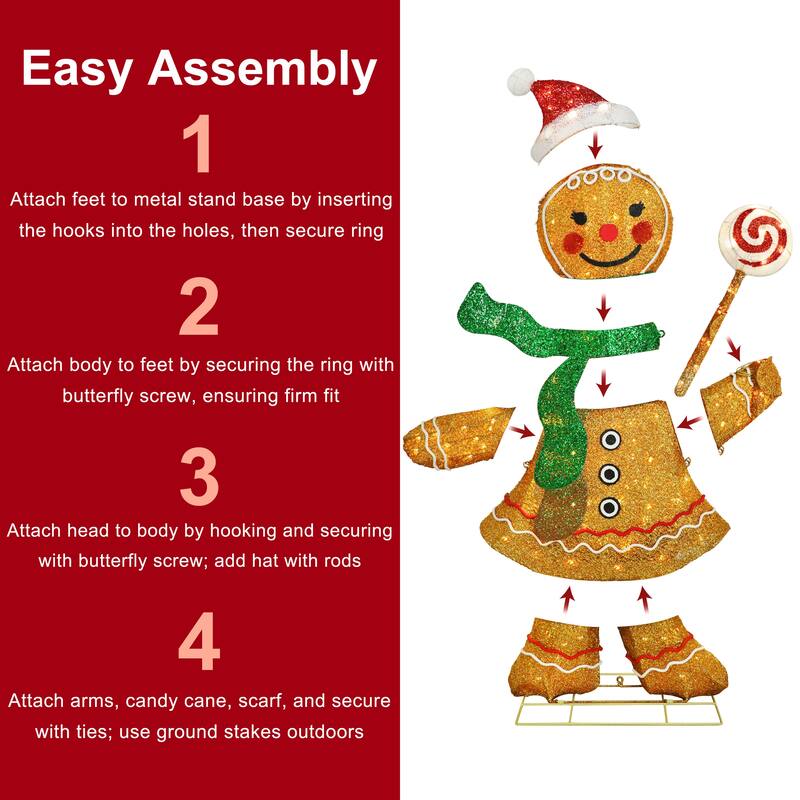 Puleo International 47" Pre-Lit Outdoor Gingerbread Woman Christmas Holiday Decor with 132 Warm White Twinkling LED Lights