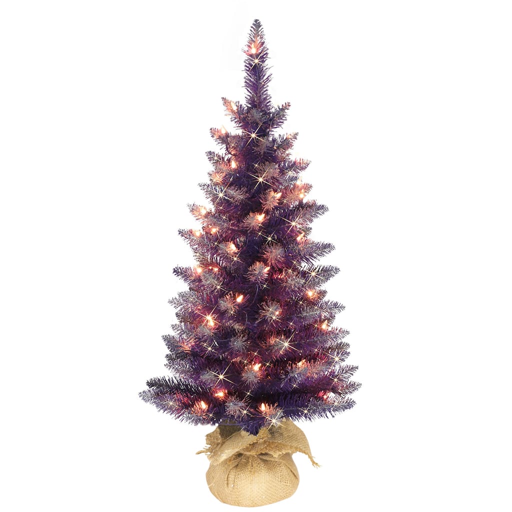 Pre-lit Artificial Purple Christmas Tree with Burlap Base - 3’ - Clear Lights - 3 Foot